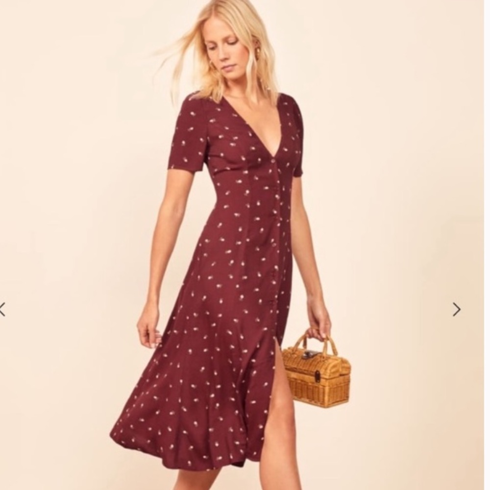 Reformation Locklin Floral Print Midi Length Dress